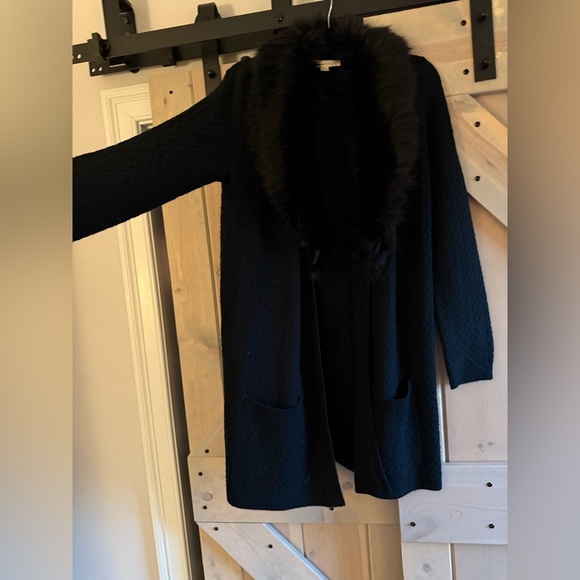 NWOT Lovestitch Black Faux Fur Trim Coatigan - Picture 12 of 14